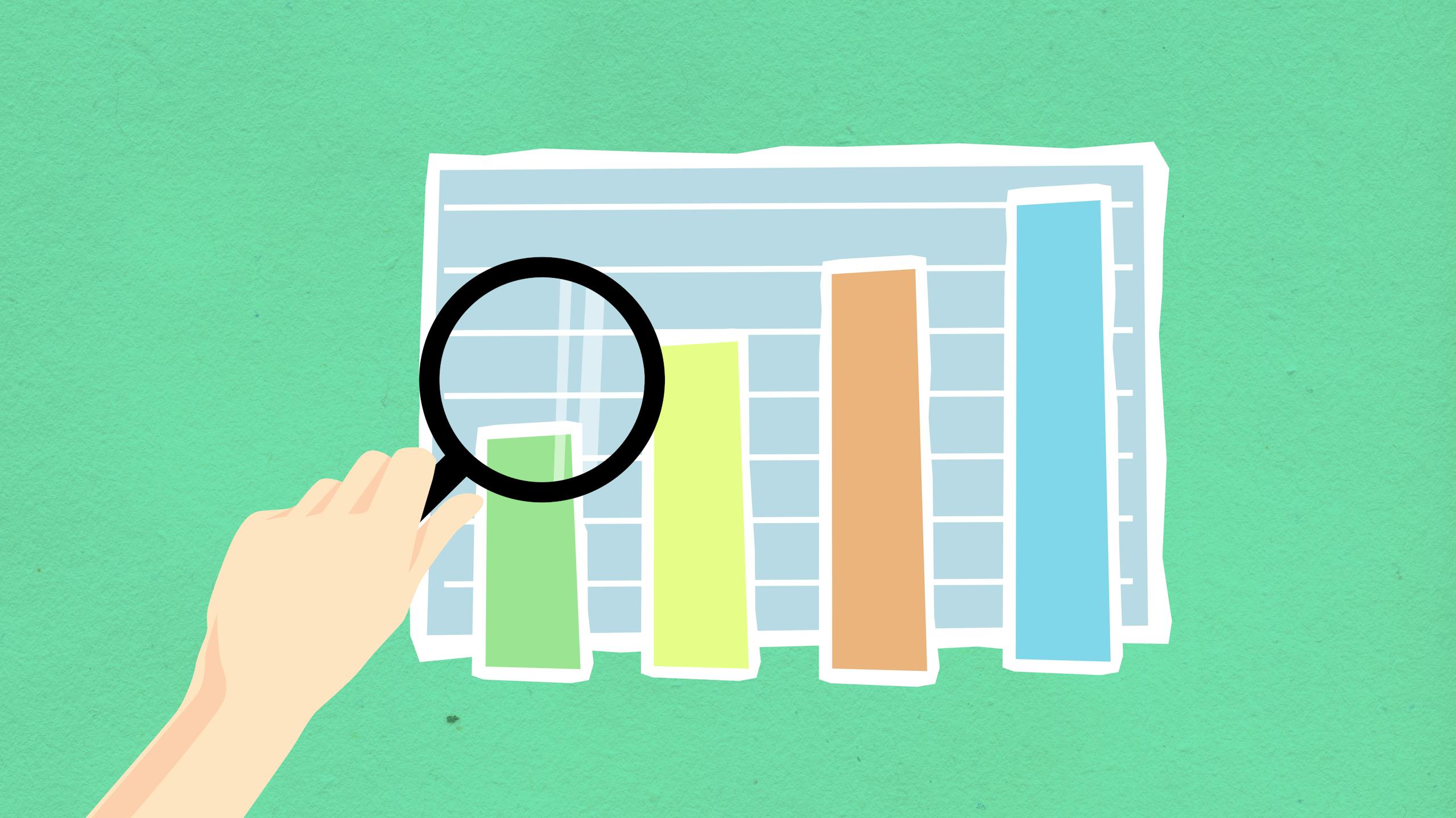 Illustration with a magnifying glass on a chart to hint towards SEO growth.